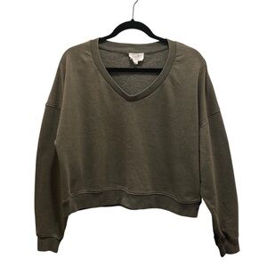 Coze by Pink Rose Olive Green Sz L Cropped V-Neck Sweatshirt Cozy Chic Pullover